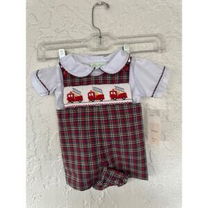 NWT Be Mine Snap Front Fire Truck Outfit - Size 3 months - White & Red Plaid